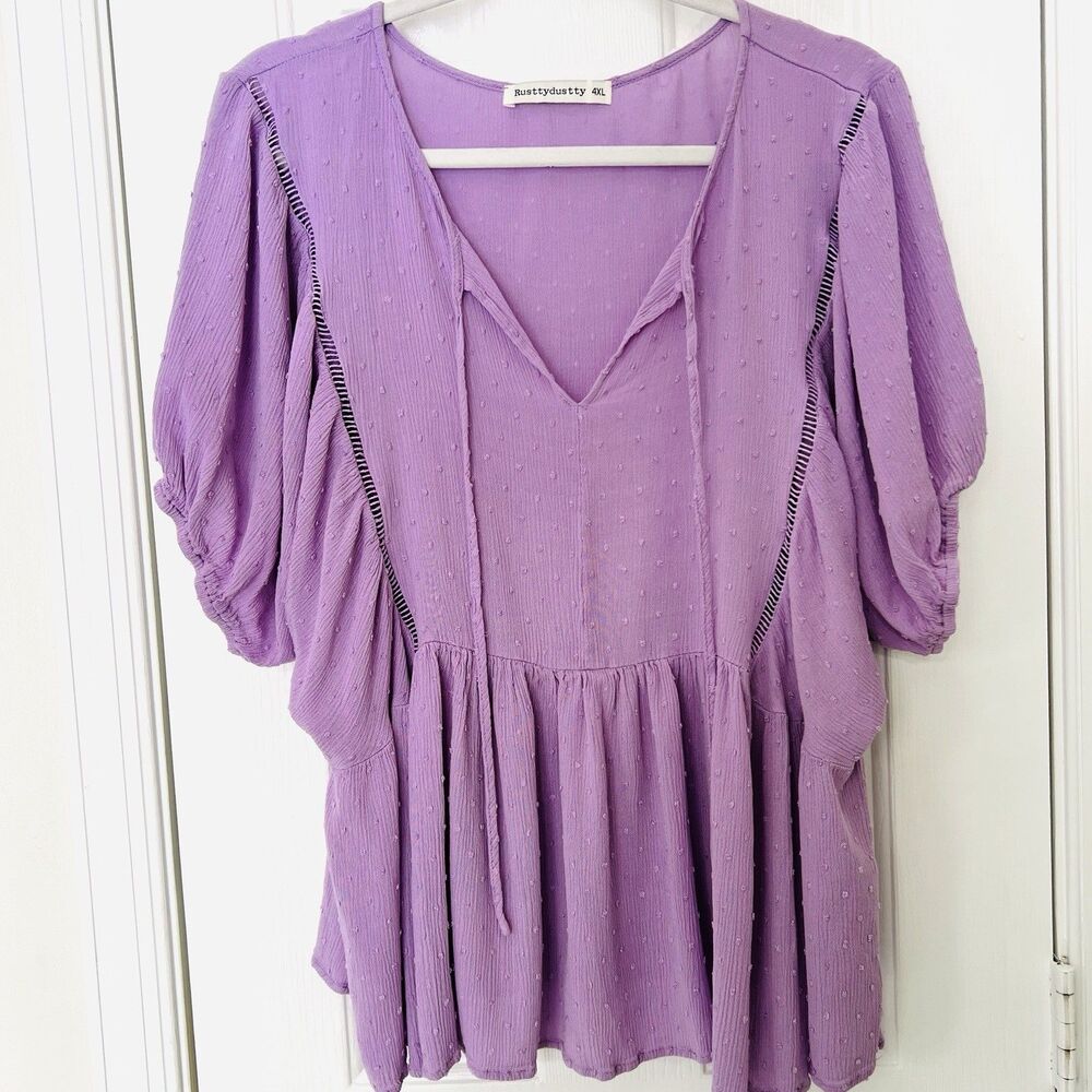Rusttydustty Purple Swiss Dot Ruffly Billowy Boho Blouse Cottagecore Plus 4XL